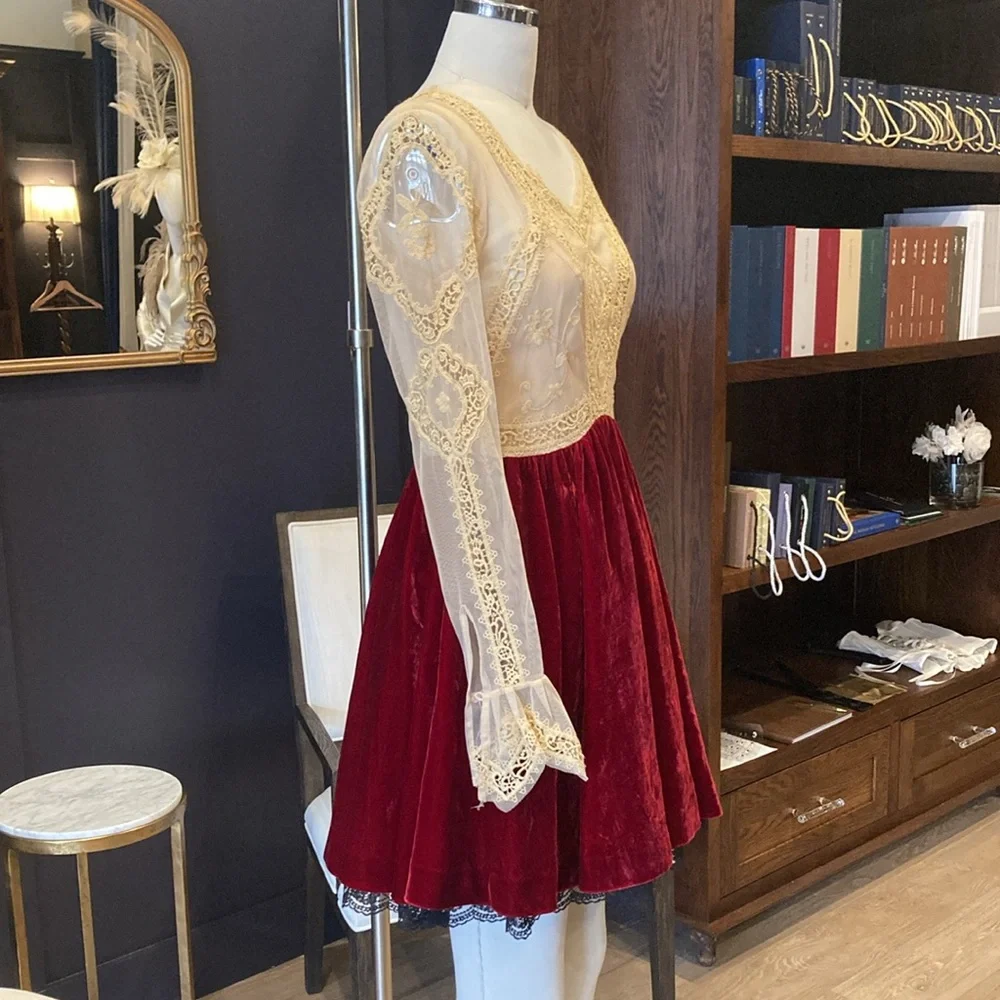 Free People Nude Mesh Lace Burgundy Velvet Dress - Picture 2 of 5